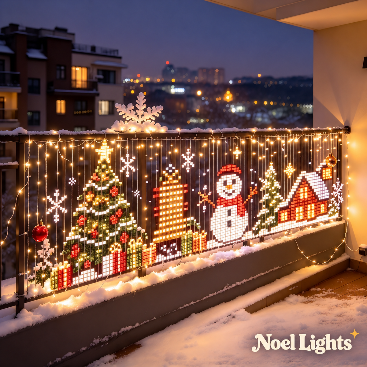 Curtain lights on a snowy balcony