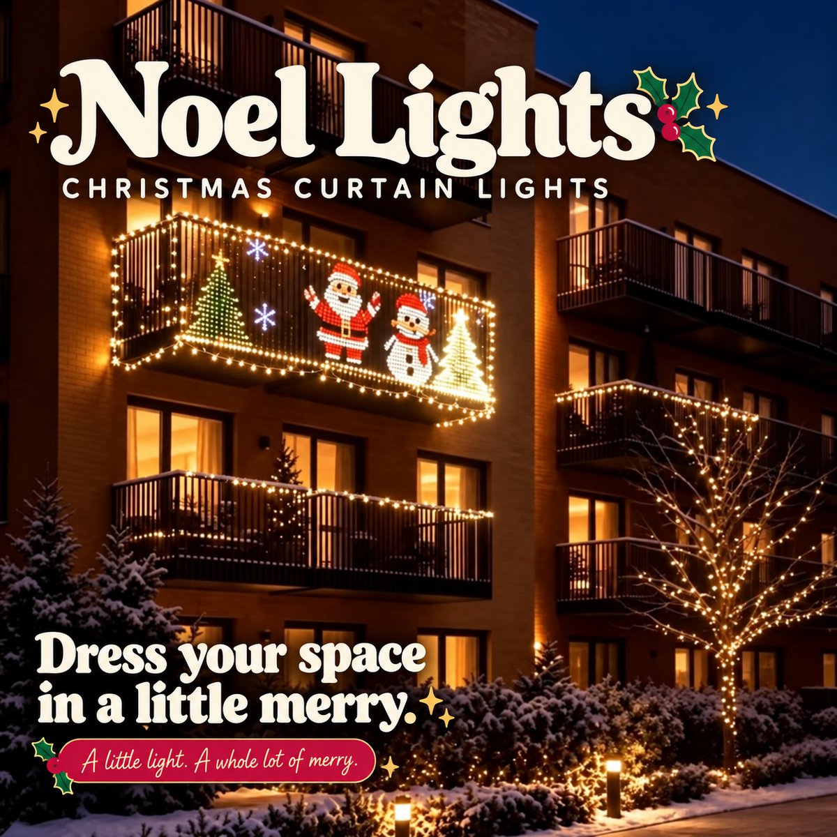 Christmas curtain lights on an apartment balcony